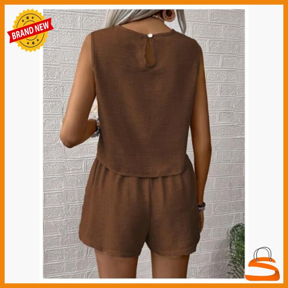 Large Polyester 2-Piece Short Set, Sleeveless Tan… - image 3